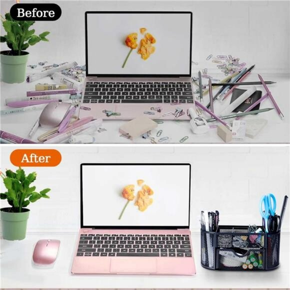 Black mesh pen holder desk organizer with drawer pencil and marker storage caddy - Picture 5 of 8